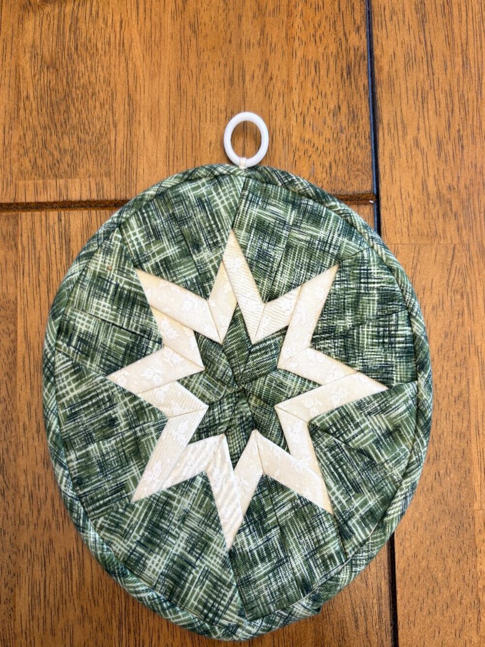 Quilted Pot Holder Handmade Star Design Green and Cream